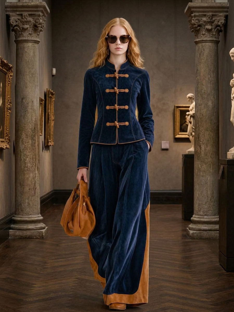 Elegant Retro Navy Blue Faux Suede Jacket