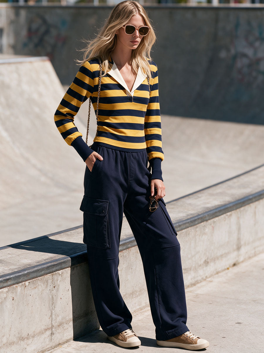 Casual Retro Sporty Yellow Striped T-shirt And Blue Cotton Cargo Pants Set