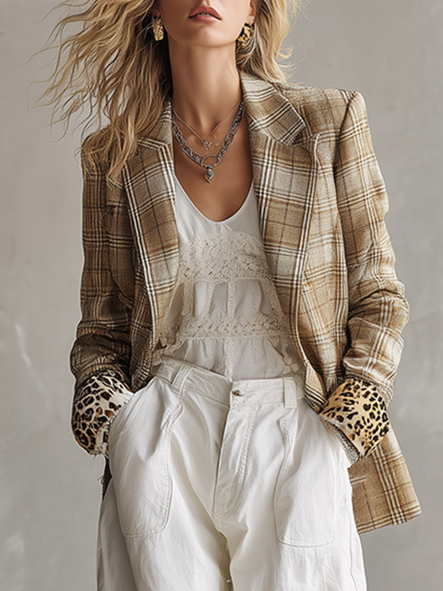 Retro-chic Khaki Plaid Faux-suede Blazer