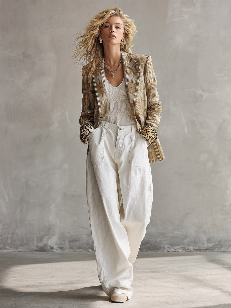Retro-chic Khaki Plaid Faux-suede Blazer