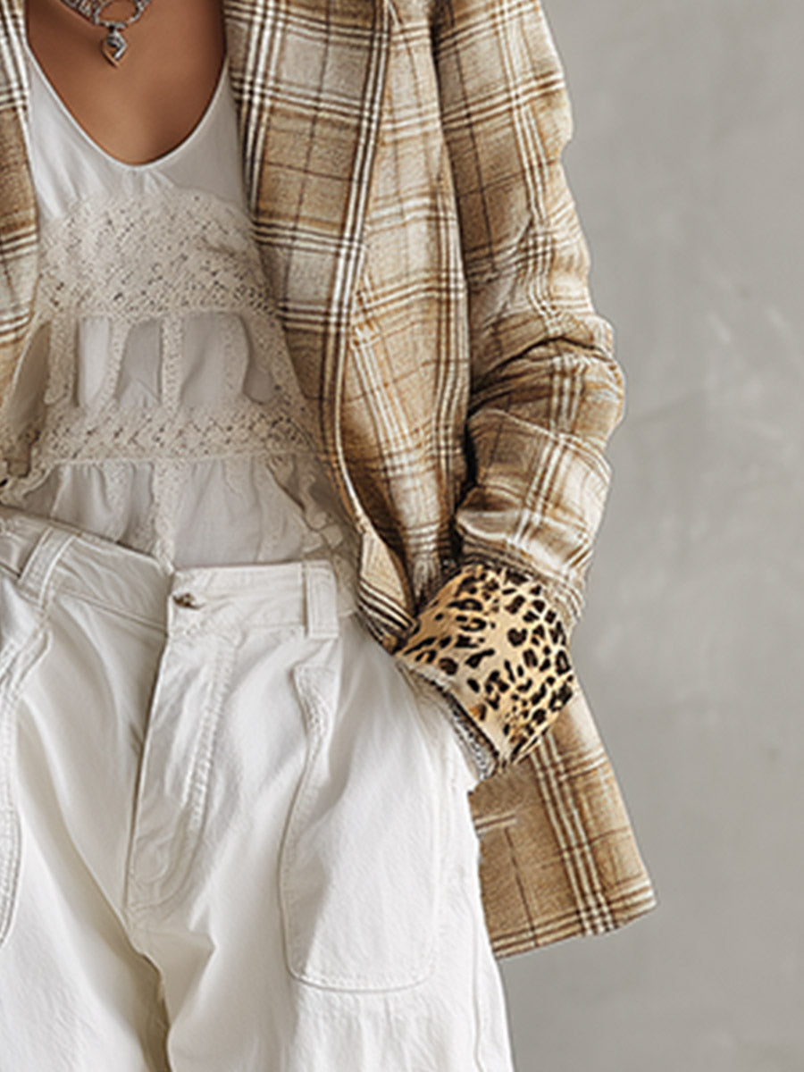 Retro-chic Khaki Plaid Faux-suede Blazer