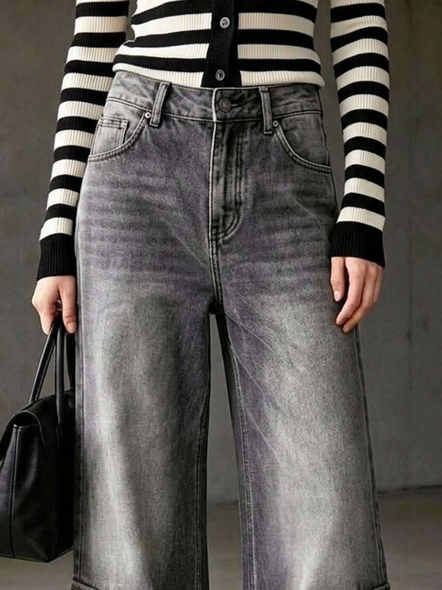 Casual Retro Frayed Gray Cargo Jeans