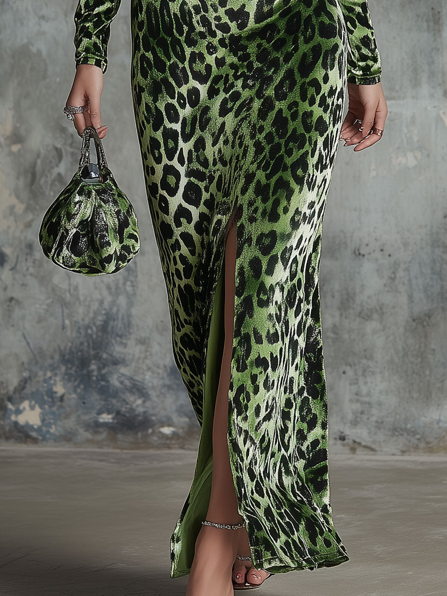 Retro-elegant Green Leopard Print Stand Collar Long-sleeved Velvet Maxi Dress