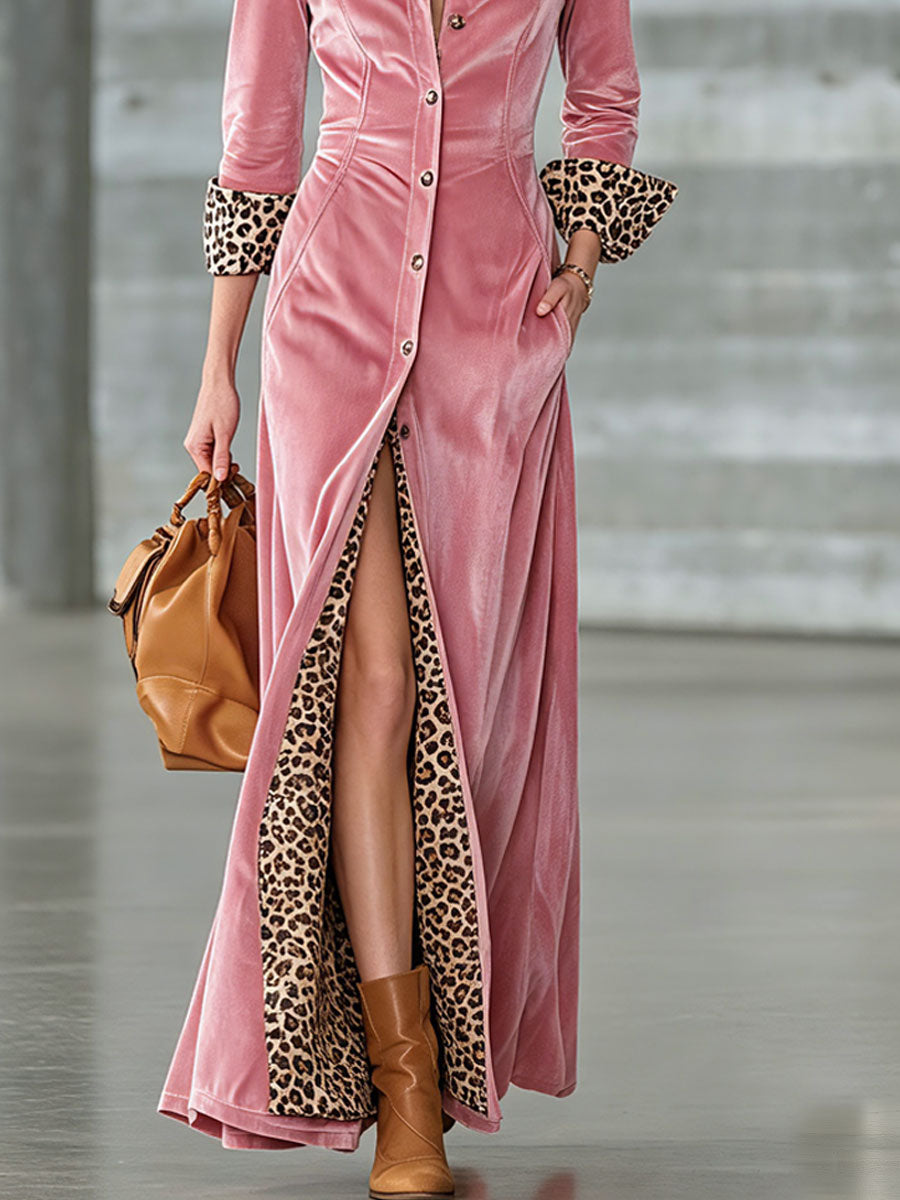 Elegant And Stylish Retro Leopard Print Patchwork Pink Velvet Maxi Dress