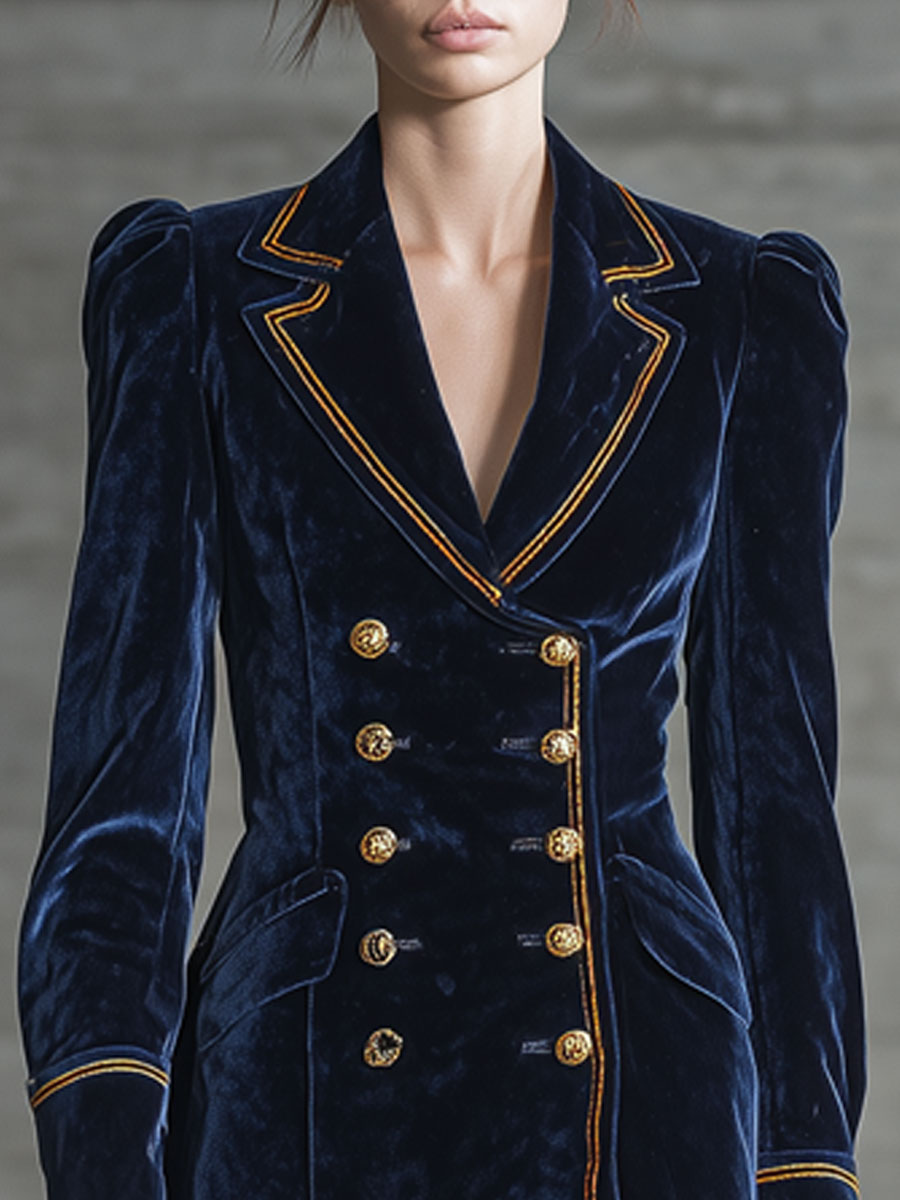 Simple Retro Gold-threaded Dark Blue Velvet Suit Long-sleeved Mini Dress