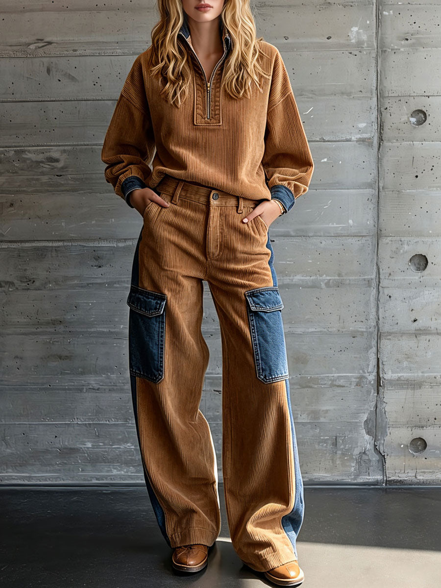 Casual Retro Blue Denim Patchwork Camel Corduroy Half-zip Top And Cargo Pants Set