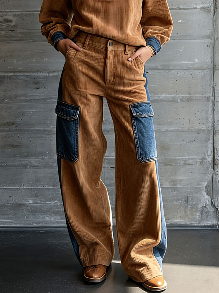 Casual Retro Blue Denim Patchwork Camel Corduroy Half-zip Top And Cargo Pants Set