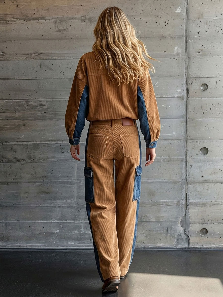 Casual Retro Blue Denim Patchwork Camel Corduroy Half-zip Top And Cargo Pants Set
