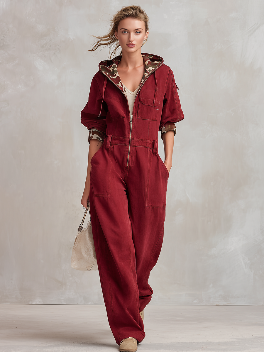 Casual Hooded Zip Camo-sleeve Distressed Denim Dress