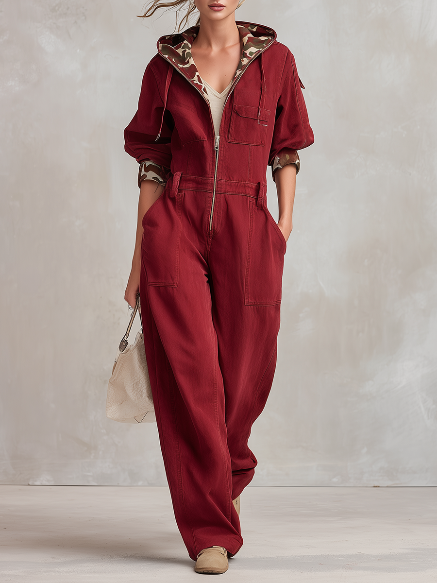 Casual Hooded Zip Camo-sleeve Distressed Denim Dress