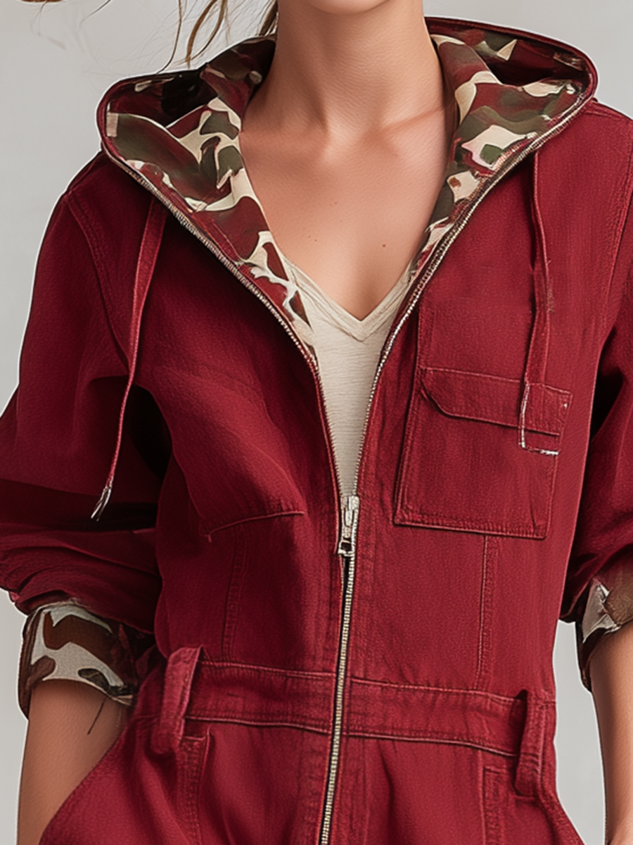 Casual Hooded Zip Camo-sleeve Distressed Denim Dress