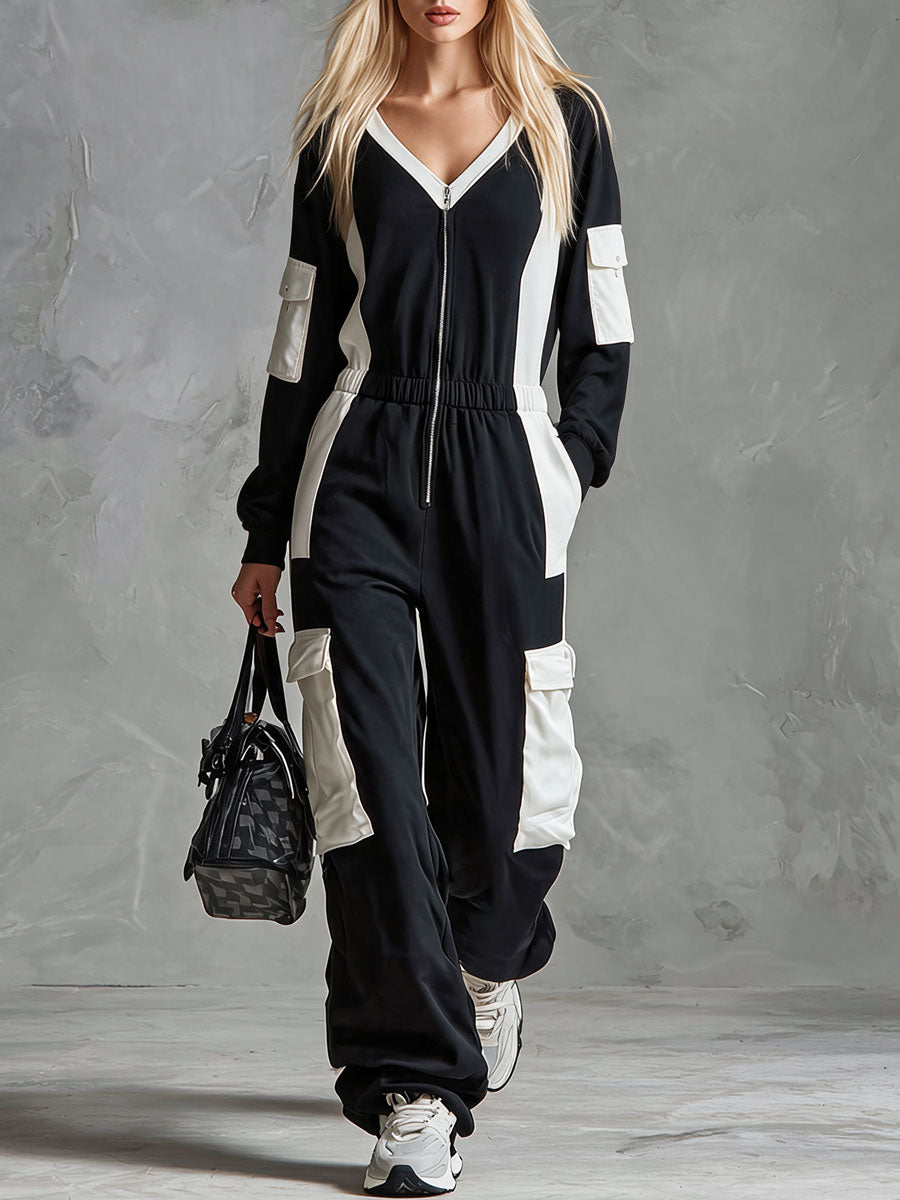 Retro Sporty Black And White Color-blocked Multi-pocket Cotton Jumpsuit