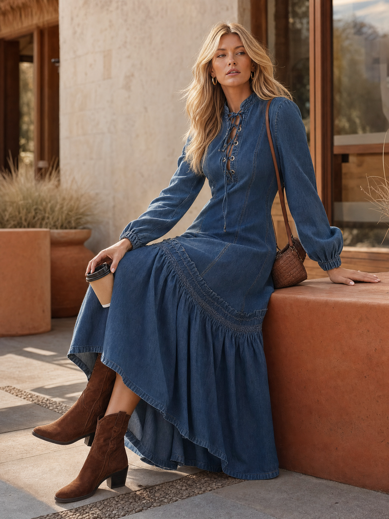 Elegant Vintage Western Tie-neck Long-sleeved Bubble Hem Blue Denim Maxi Dress