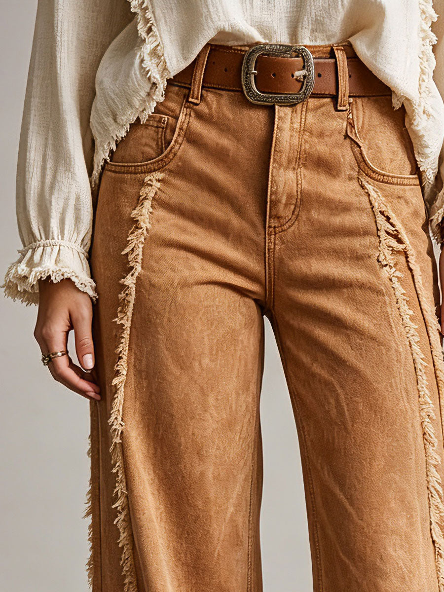 Western Retro Frayed Camel Wide-leg Jeans