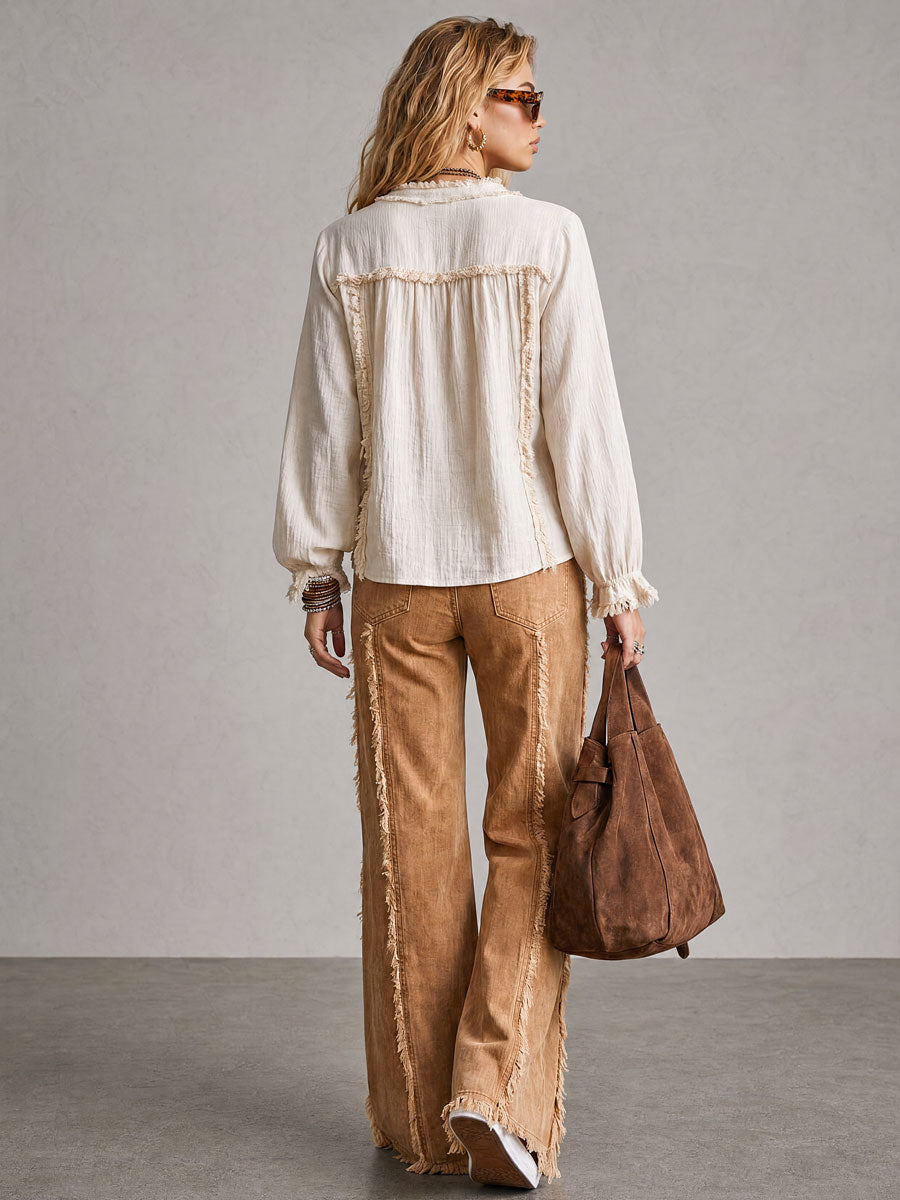 Western Retro Frayed Camel Wide-leg Jeans