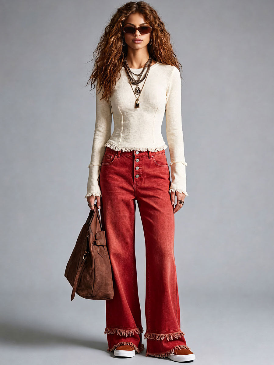 Casual Retro Frayed Off-White Long-Sleeve Knitted T-Shirt