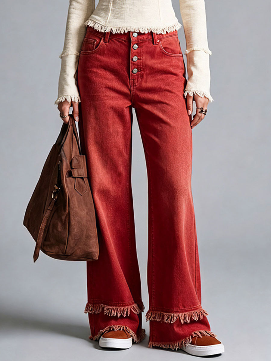 Western Retro Frayed Red Jeans