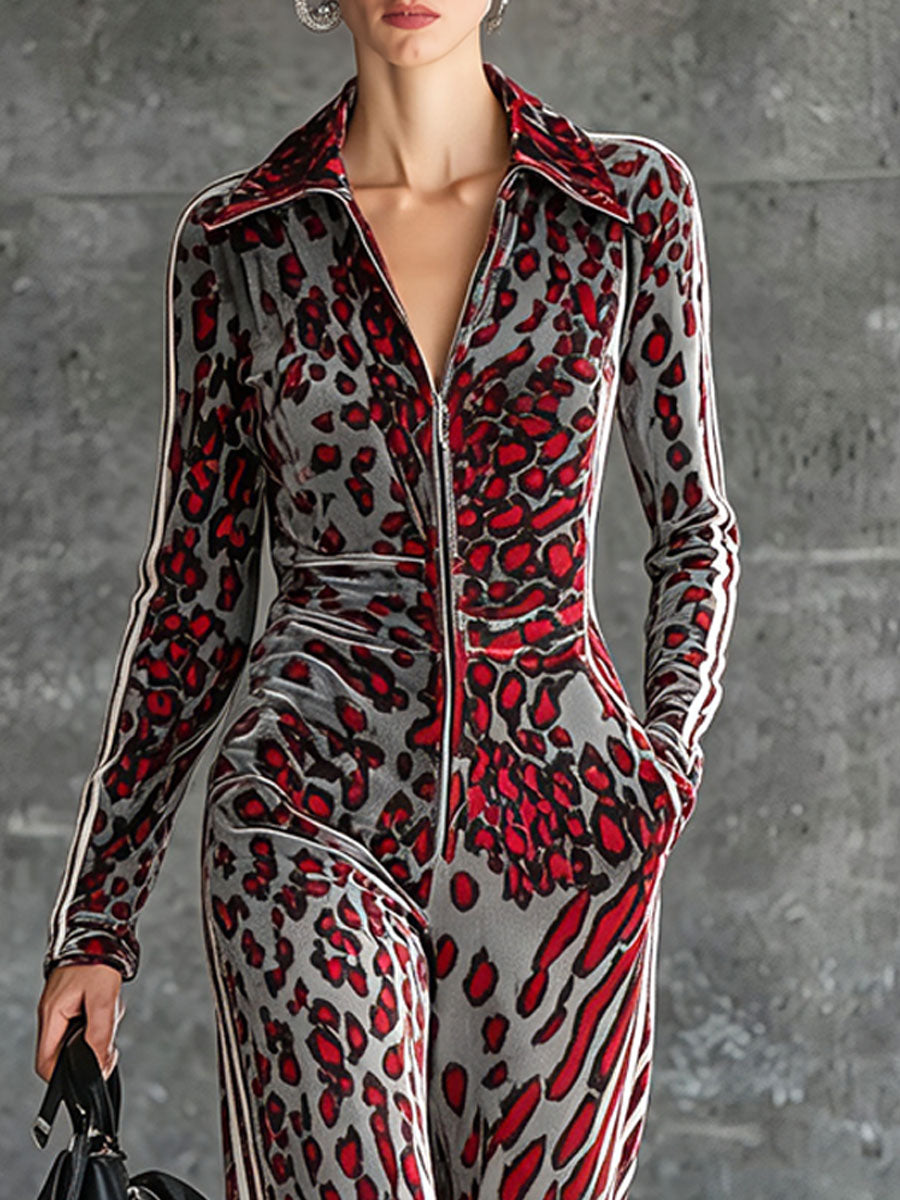 Casual Retro Striped Abstract Leopard Print Long-Sleeved Velvet Jumpsuit