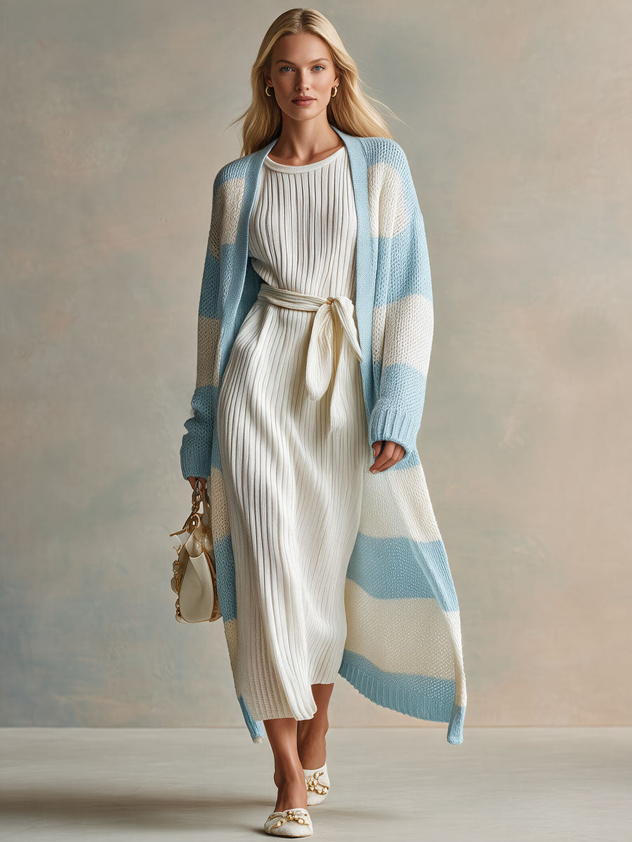 Casual Retro Blue And White Striped Long Knit Cardigan