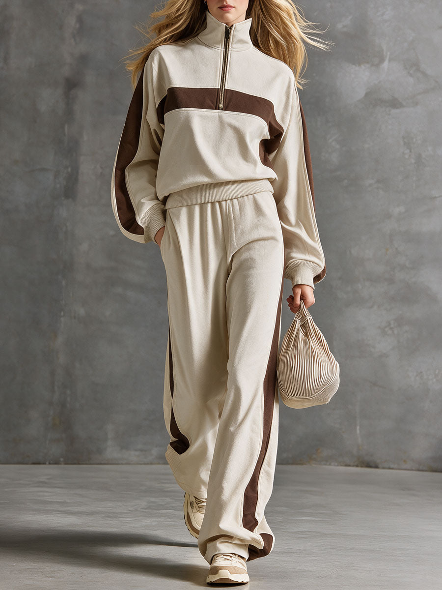 Retro Sporty Color-blocked Beige Cotton Top And Pants Set