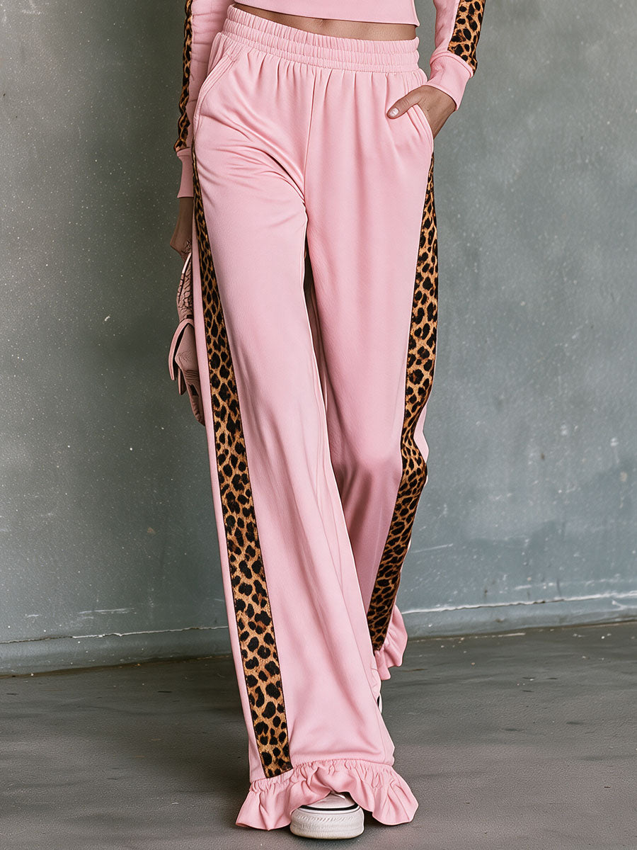 Retro Sporty Leopard Print Woven Pink Cotton Top And Ruffled Pants Set