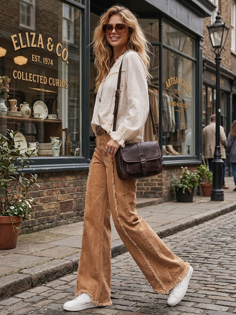 Casual Retro Frayed Off-white Long-sleeved Shirt