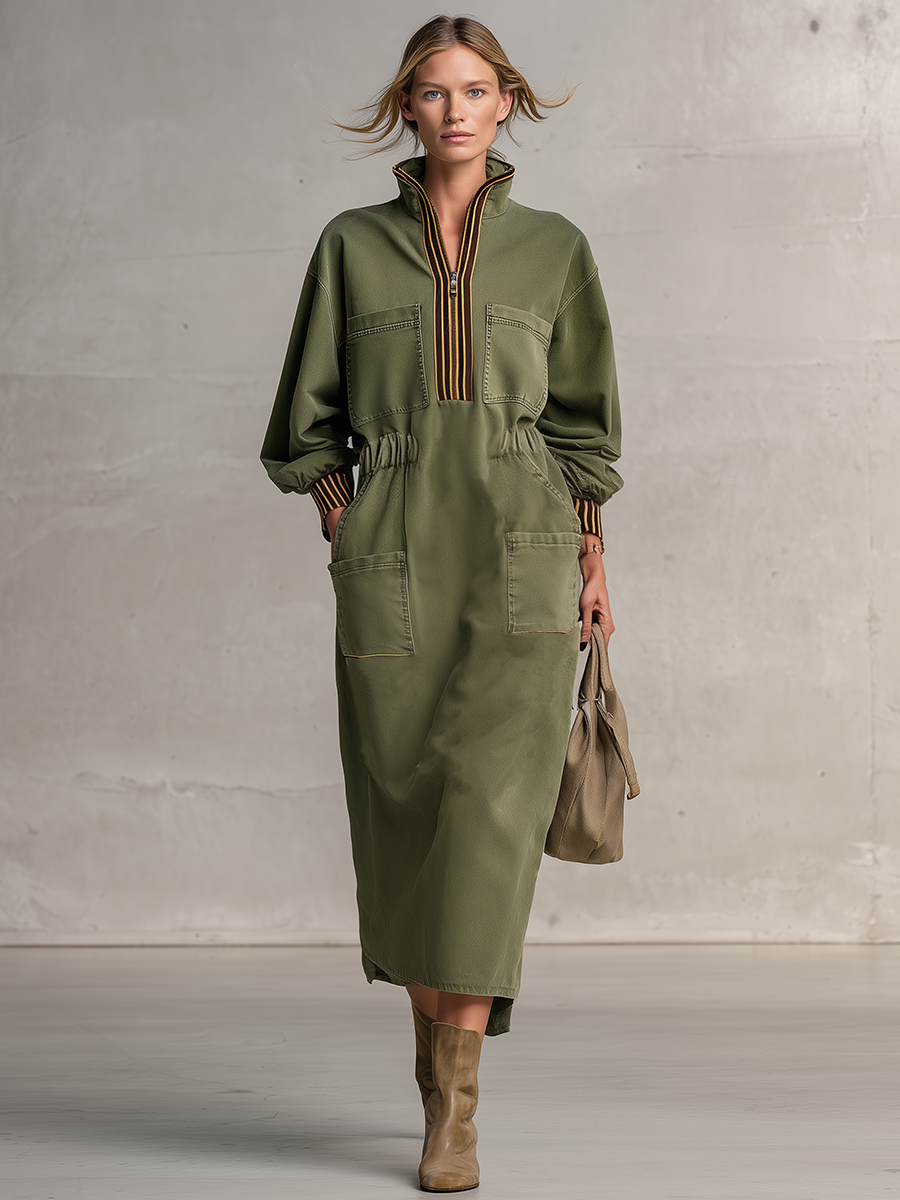 Retro Stand-collar Half-zip Striped Cuffed Belted Workwear Dress