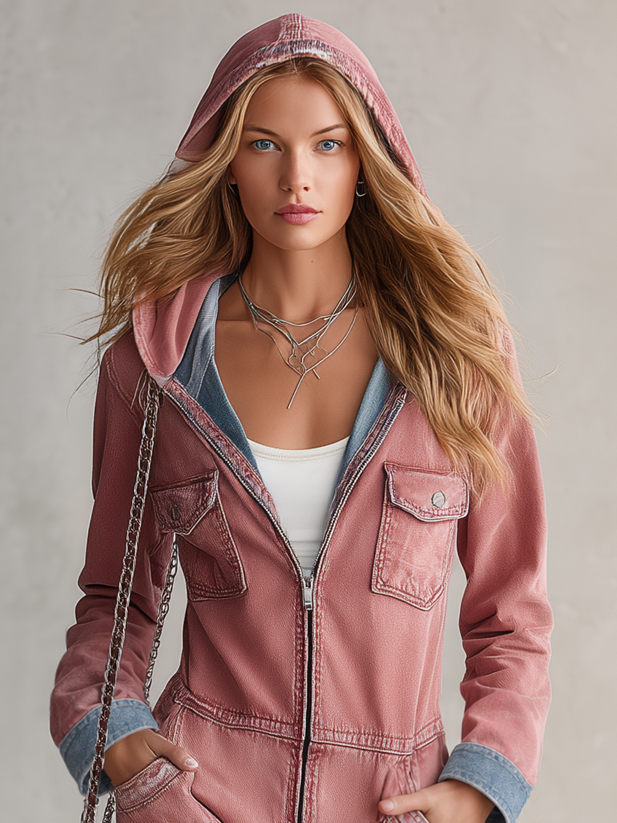 Retro Hooded Zip Raw-hem Big-pocket Wide-leg Pink Jumpsuit