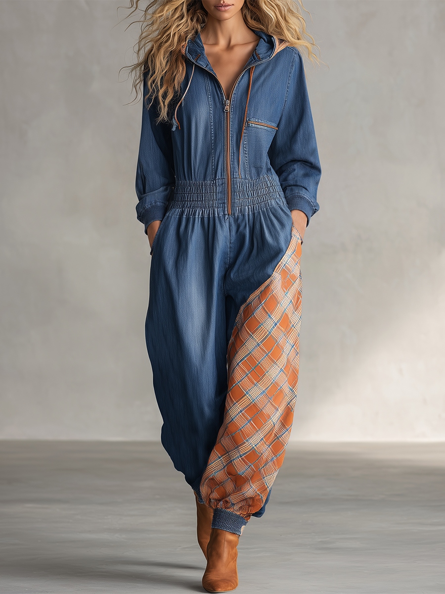 American Utility Hooded Contrast-panel Denim Jumpsuit