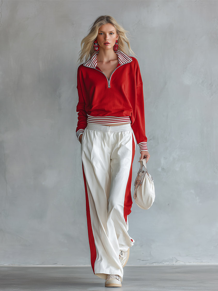 Casual-chic Striped-trim Red Sweatshirt And White Wide-leg Pants Athleisure Set