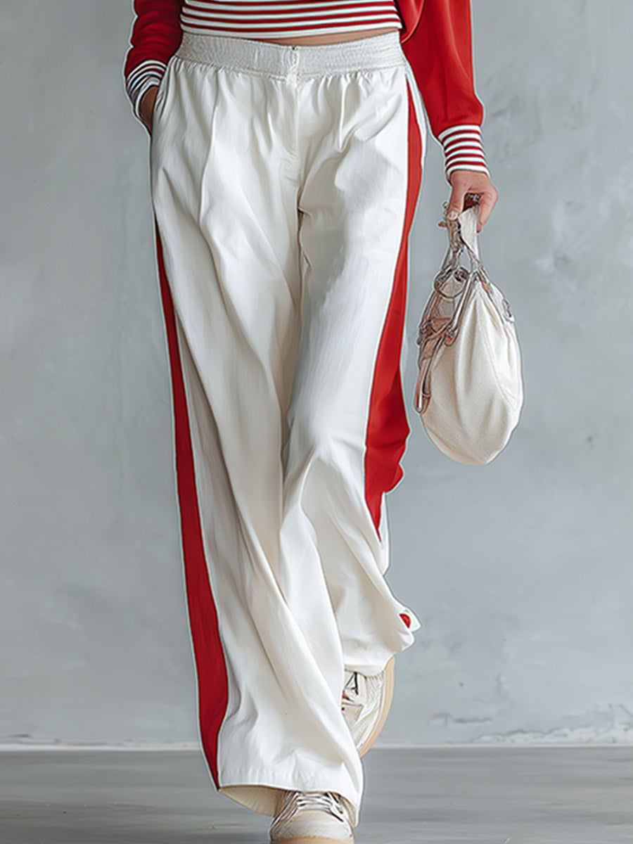 Casual-chic Striped-trim Red Sweatshirt And White Wide-leg Pants Athleisure Set