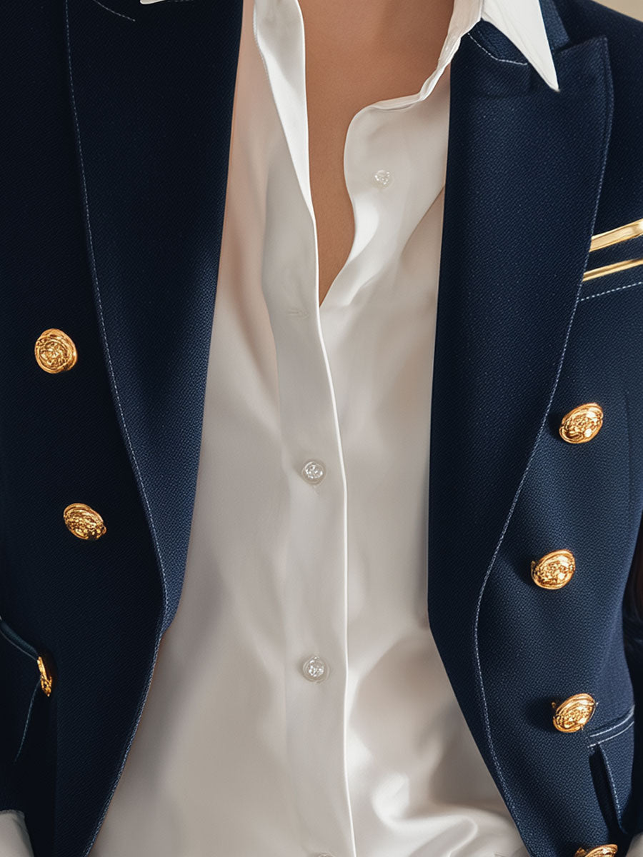 Simple And Stylish Navy Blue Chiffon Sleeve Blazer
