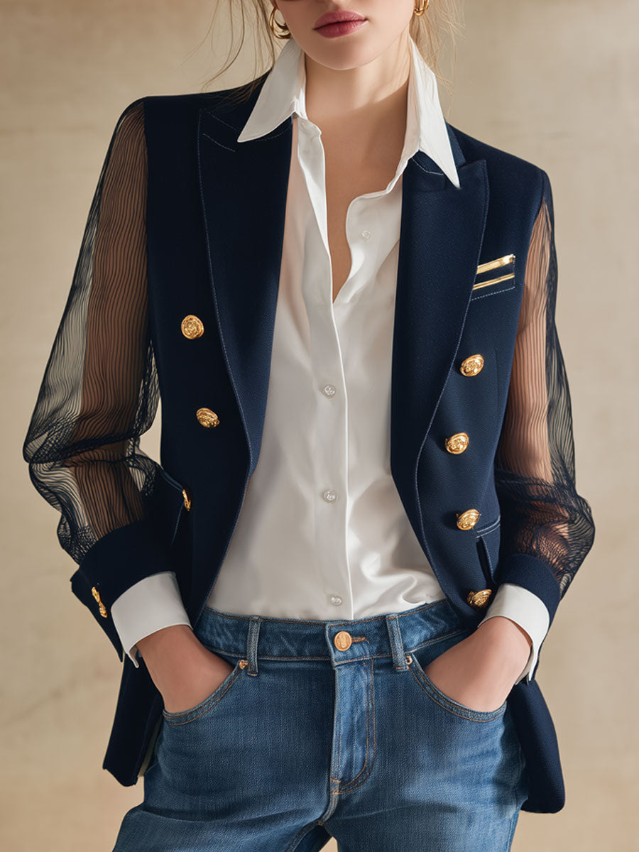 Simple And Stylish Navy Blue Chiffon Sleeve Blazer