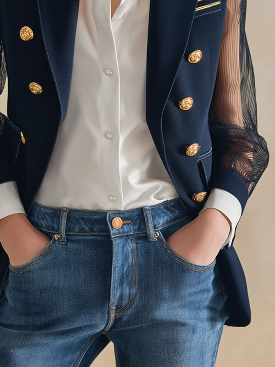 Simple And Stylish Navy Blue Chiffon Sleeve Blazer