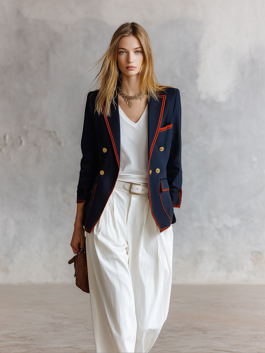 Retro Casual Style With Orange Piping Loose-fitting Navy Blue Blazer