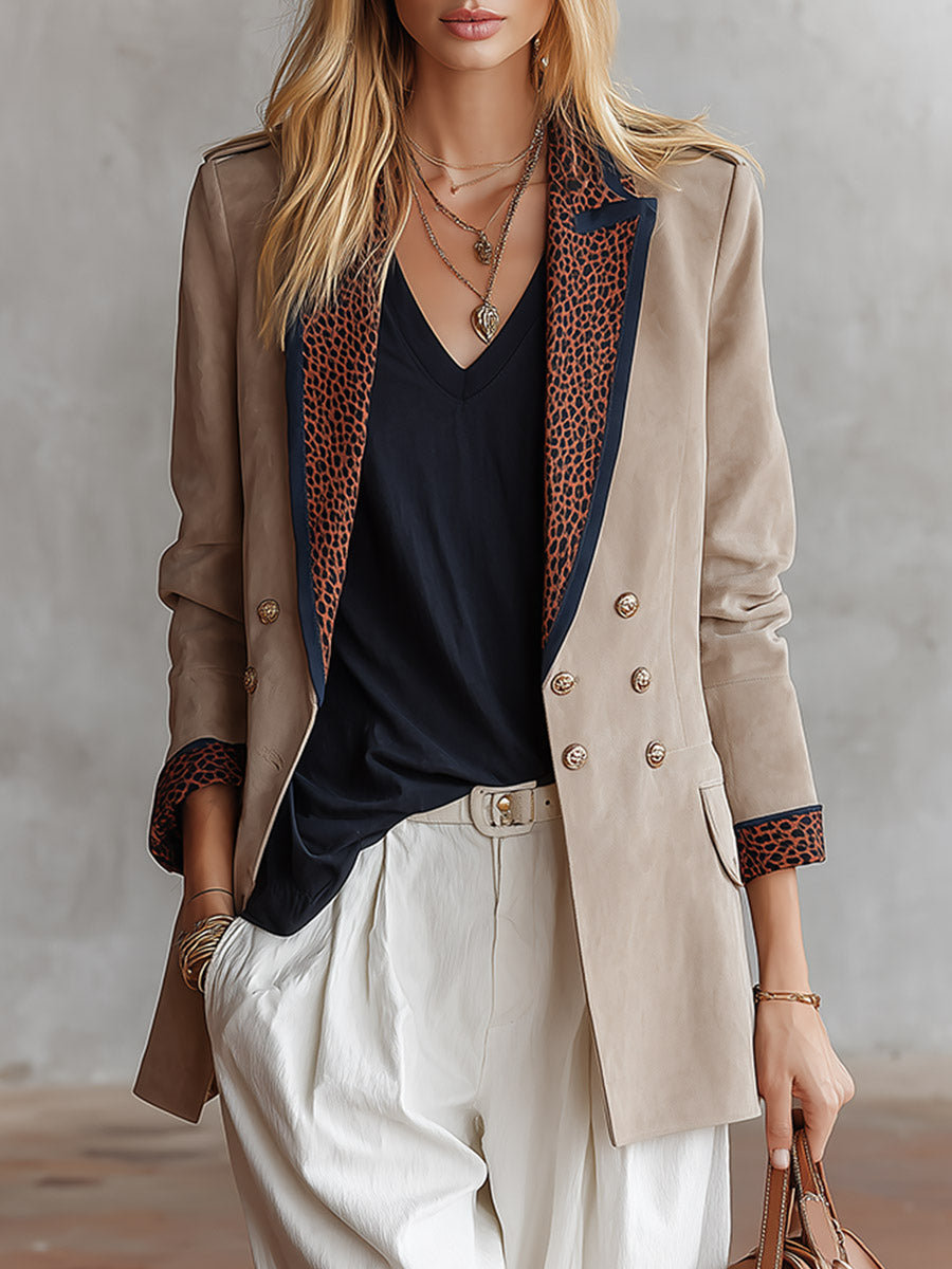 Retro Casual Bound Edges Faux Suede Leopard-Print Lapel Blazer