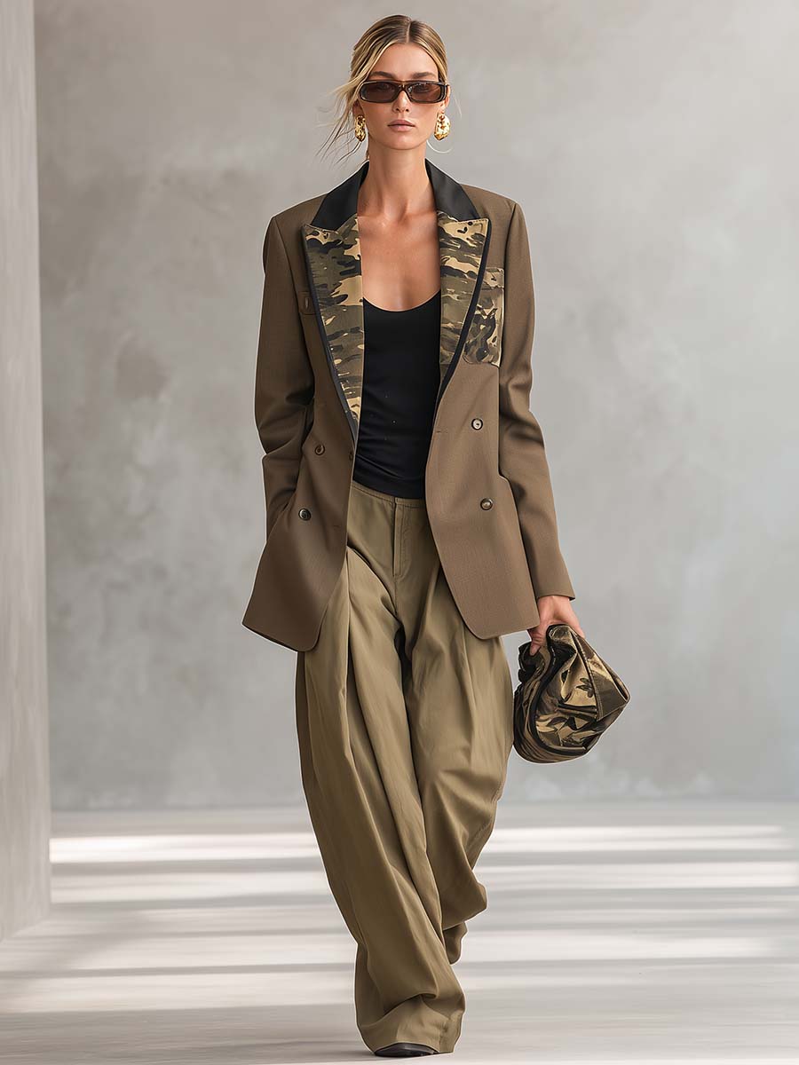 Military Khaki Camo-Lapel Double-Breasted Oversized Blazer Jacket With Pockets