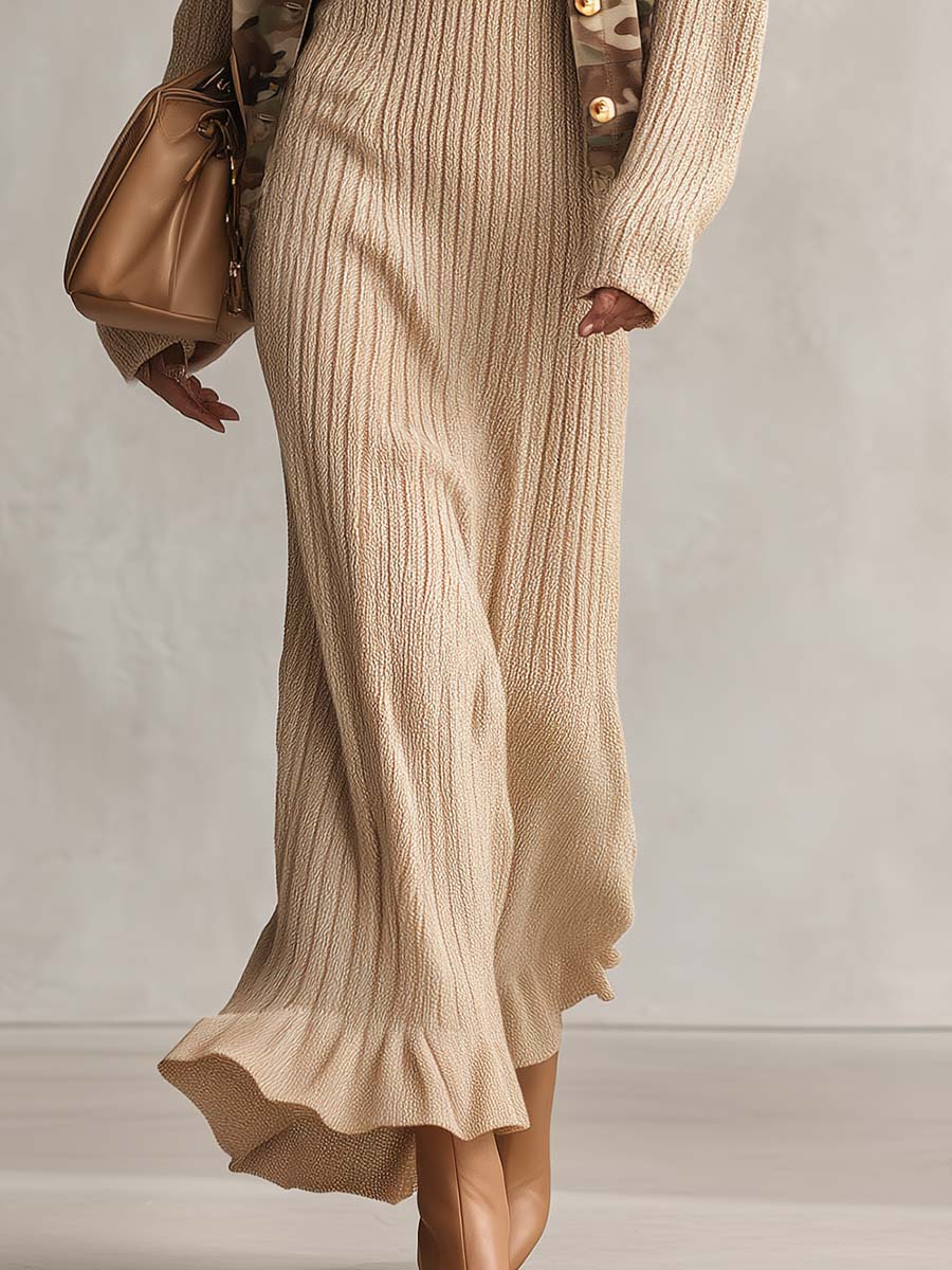 Cozy Oatmeal Ribbed Knit Scoop-Neck Sleeveless Bodycon Sweater Maxi Dress