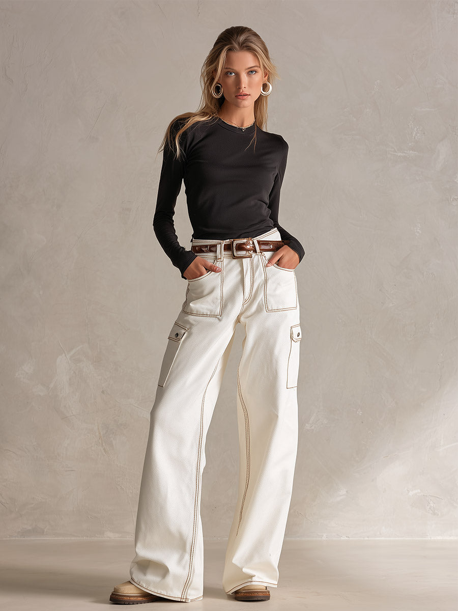 Classic Contrast-Stitching Off-White Utility Pocket Wide-Leg Jeans