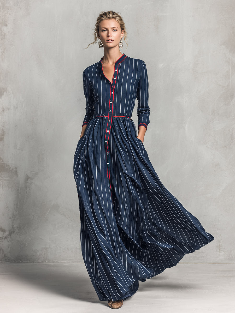 Vintage-style Elegant Piped Trim Navy Striped Single-breasted Maxi Dress