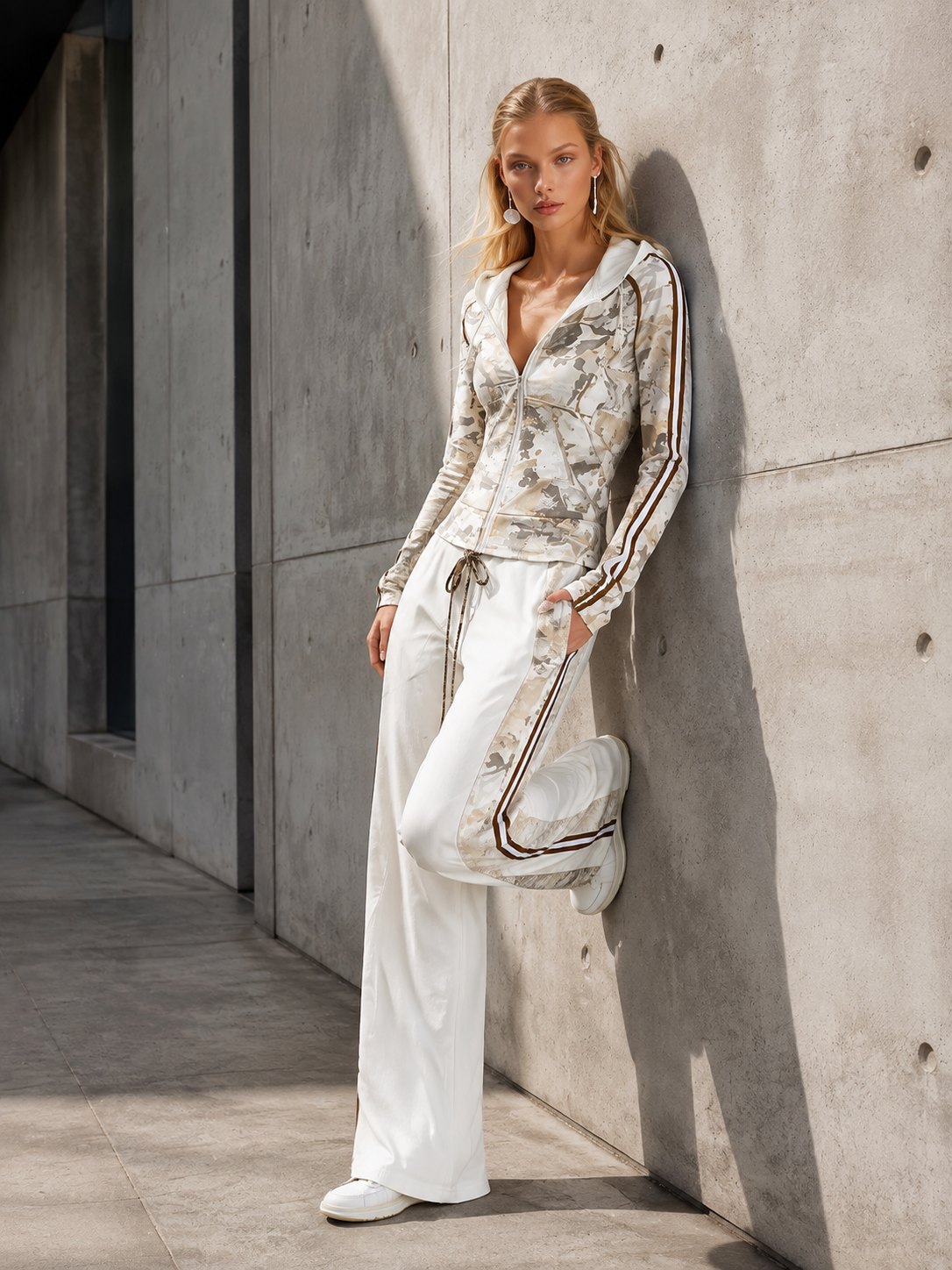 Casual Athletic White Camouflage Zip-Up Hoodie And Wide-Leg Pants Cotton Set
