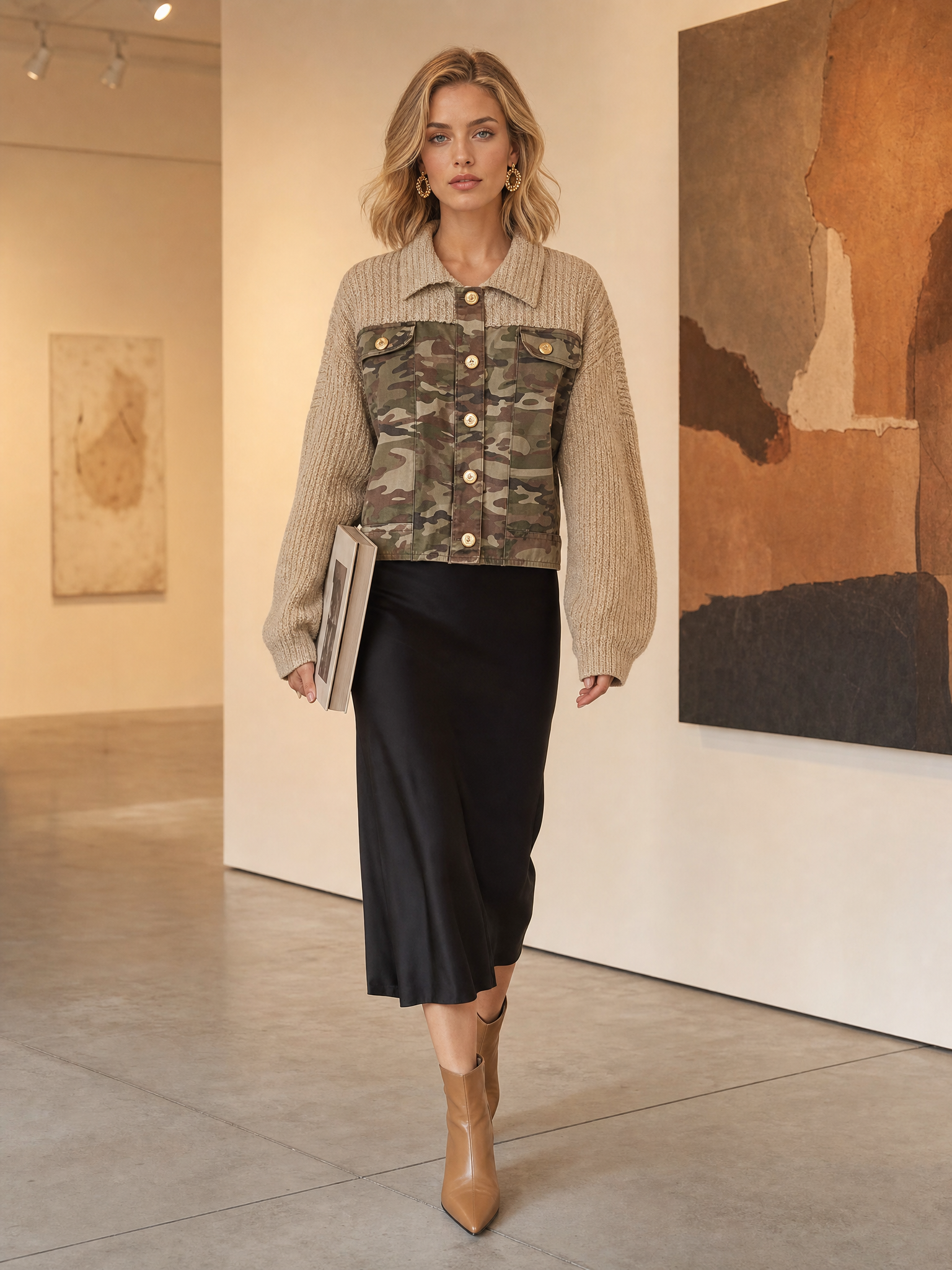 Military Oatmeal Knit Camo-Trim Gold-Button Oversized Collared Jacket With Pockets