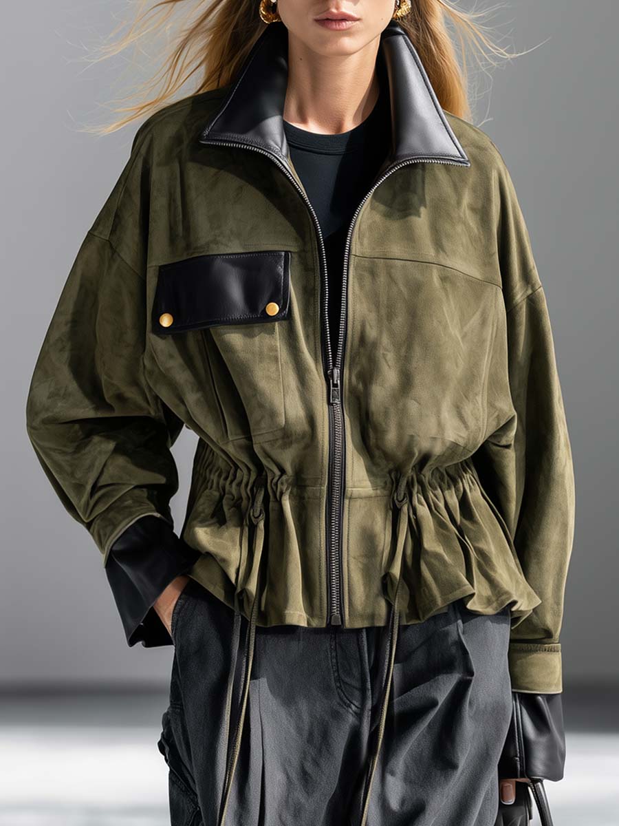 Olive Faux-Suede Leather-Trim Zip-Front Drawstring-Waist Oversized Utility Jacket Women