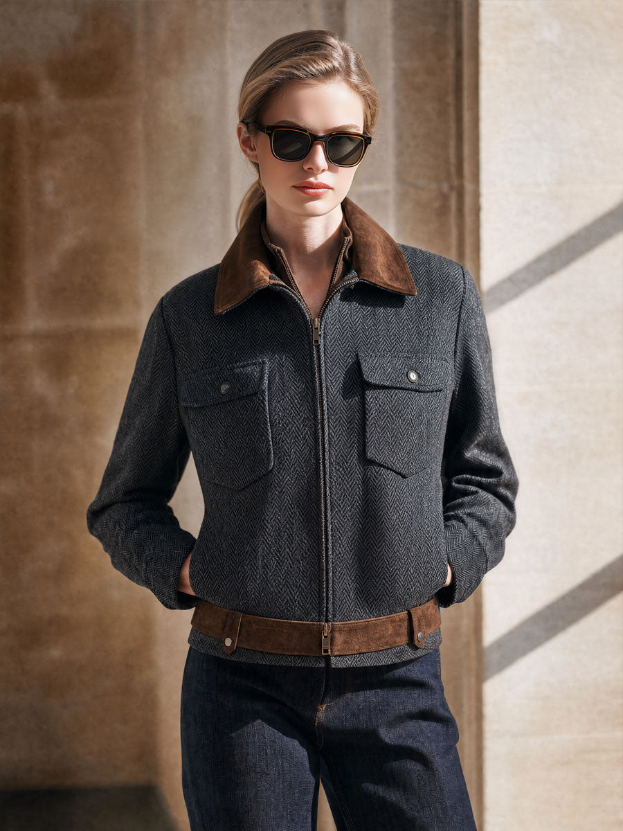 Casual Retro Suede Patchwork Dark Gray Herringbone Zip-up Jacket