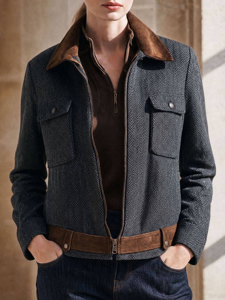 Casual Retro Suede Patchwork Dark Gray Herringbone Zip-up Jacket