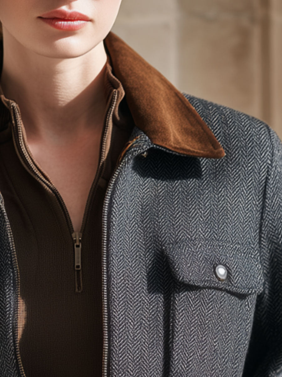 Casual Retro Suede Patchwork Dark Gray Herringbone Zip-up Jacket