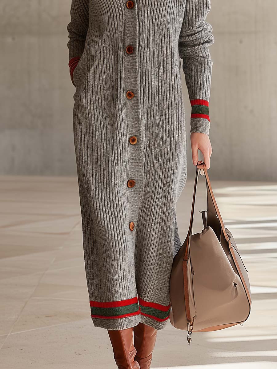 Grey Chunky Ribbed Collared Button-Front Varsity-Stripe Oversized Maxi Duster Cardigan Women