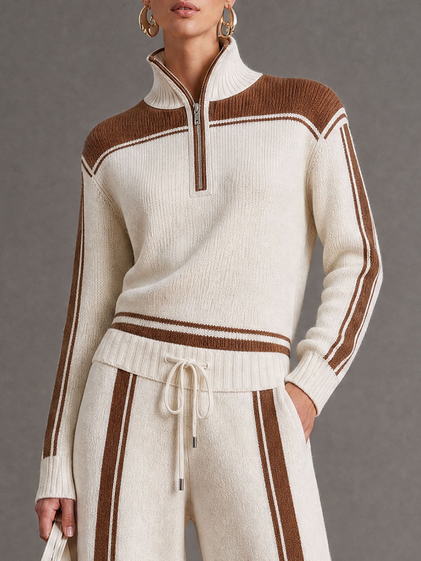 Fashionable Retro Color-blocked Half-zip Knit Pullover Wide-leg Pants Set