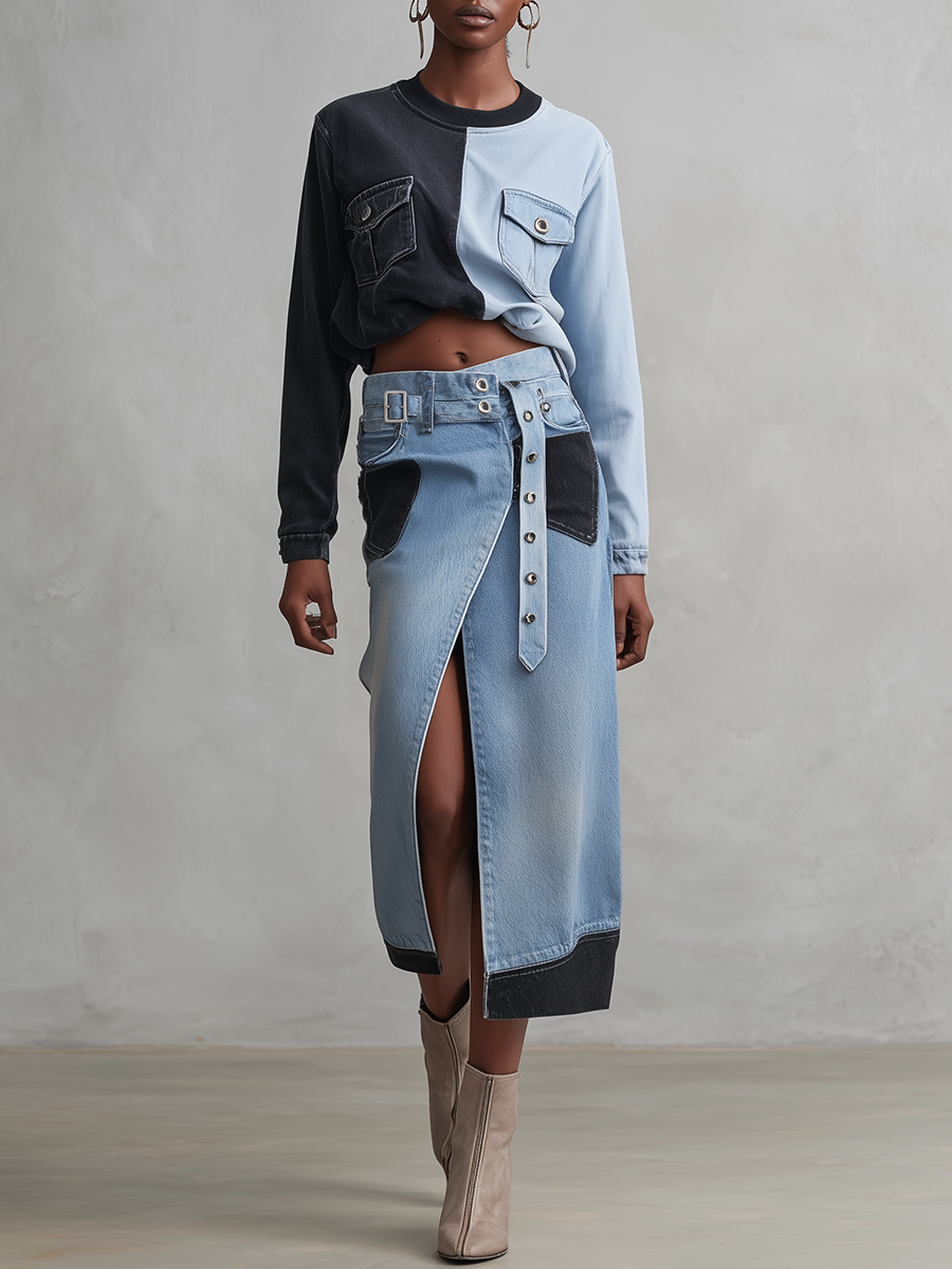 Western Two-Tone Denim Midi Skirt Front Slit Studded Belt High Waist