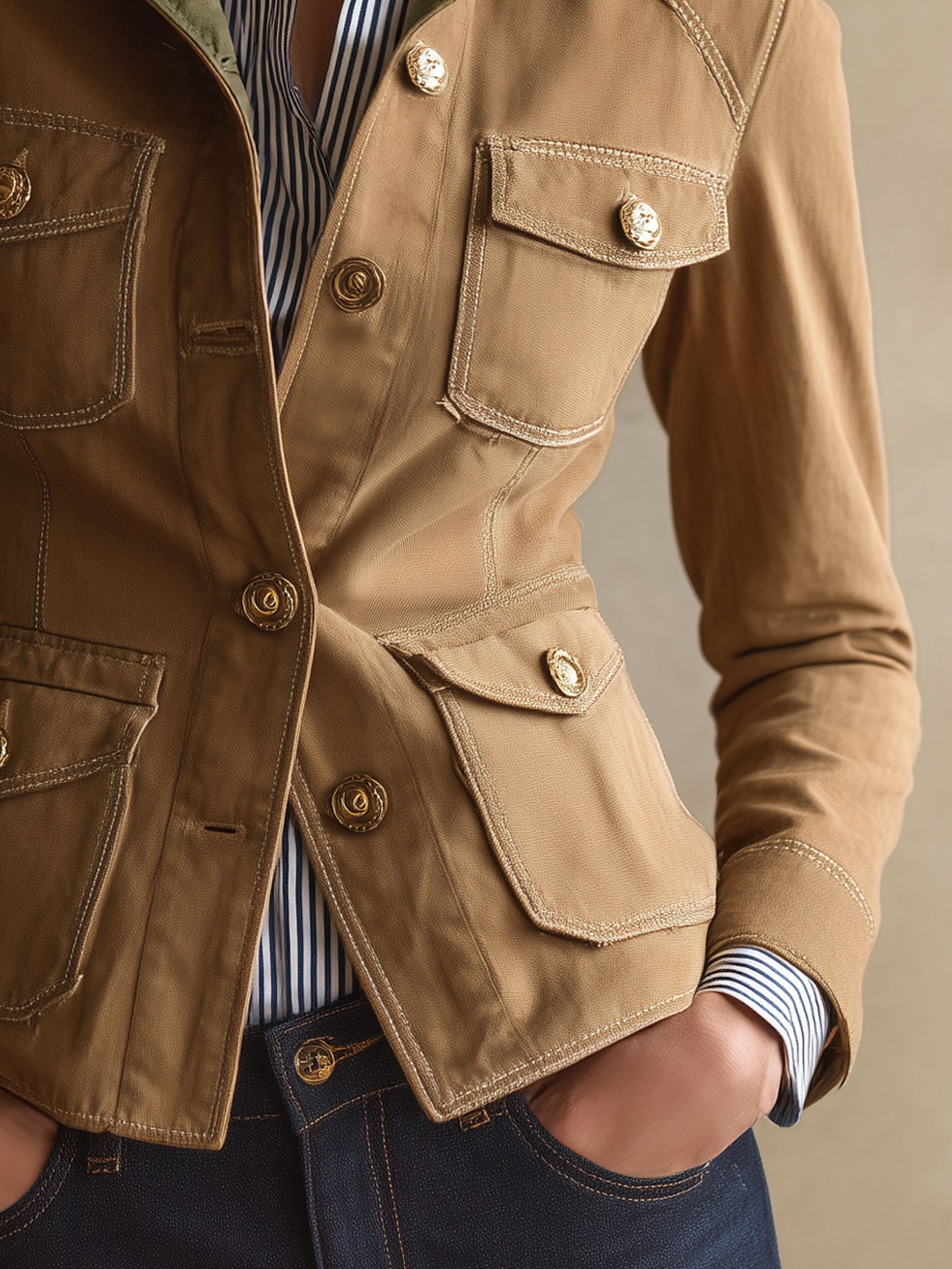 Casual Retro Color-blocked Cotton Multi-pocket Camel Work Jacket